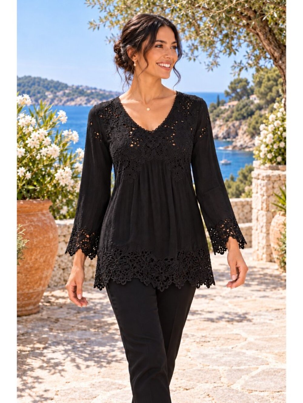 NEW Johnny Was Black Crochet Tunic V-Neck Blouse Medum Womens